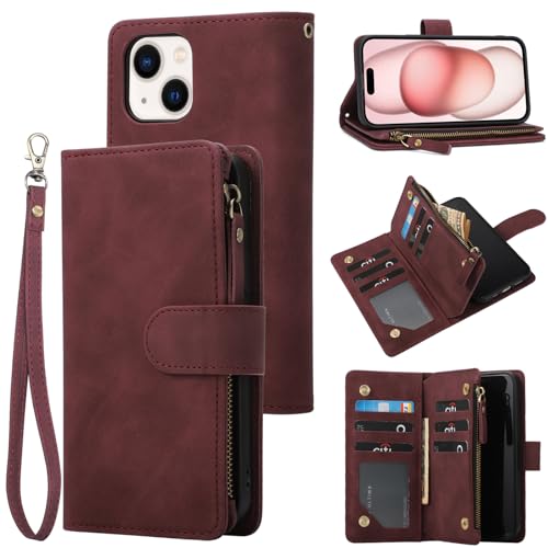RANYOK Wallet Case for iPhone 15 (6.1 inch) with RFID Blocking Credit Card Holder, Premium PU Leather [Zipper Pocket] Flip Folio Case Wallet with Wrist Strap Kickstand Protective (Wine Red) - color: Wine Red