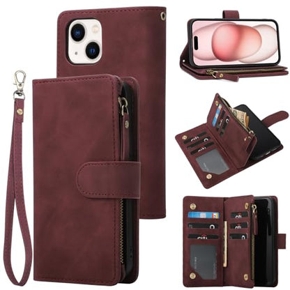 RANYOK Wallet Case for iPhone 15 (6.1 inch) with RFID Blocking Credit Card Holder, Premium PU Leather [Zipper Pocket] Flip Folio Case Wallet with Wrist Strap Kickstand Protective (Wine Red) - color: Wine Red