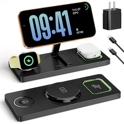 Foldable 3 in 1 Charging Station for Magsafe, Magnetic Phone and Watch Charger Stand for Apple Devices, Wireless Desk Charger Dock for iPhone 17 16 15 14 13 12 Series, Apple Watch and Airpods