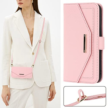 Crossbody Wallet for Google Pixel 7 Case with Strap,6.3",Pink | Long Shoulder Strap,Credit Card Holder, PU Leather, Handbag Purse, Kickstand, Make Up Mirror, Cover Case, for Women Girls - color: Pink