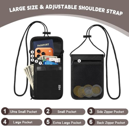 Likesing 5.5" L x 7.9" W Travel Neck Wallet, RFID Passport Holder (Black) - color: Black