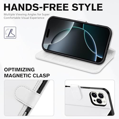 TUCCH Wallet Case for iPhone 16 Pro Max (6.9") 2024, 4 Card Slots, White | RFID Blocking, Viewing Stand, Shockproof TPU Shell, PU Leather, Magnetic Closure, Protective Folio Flip Cover - color: White