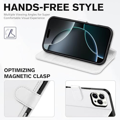 TUCCH Wallet Case for iPhone 16 Pro Max (6.9") 2024, 4 Card Slots, White | RFID Blocking, Viewing Stand, Shockproof TPU Shell, PU Leather, Magnetic Closure, Protective Folio Flip Cover - color: White