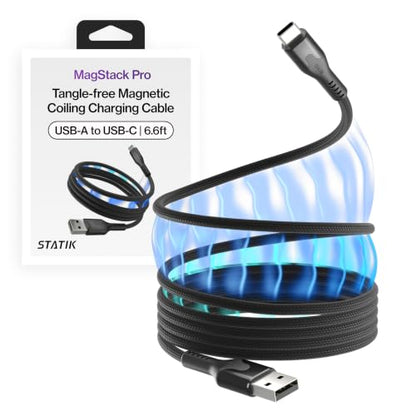 Statik MagStack USB A to USB C Coiling Magnetic Charging Cable, 27W - color: Black, size: 6ft, style: USB-A to USB-C