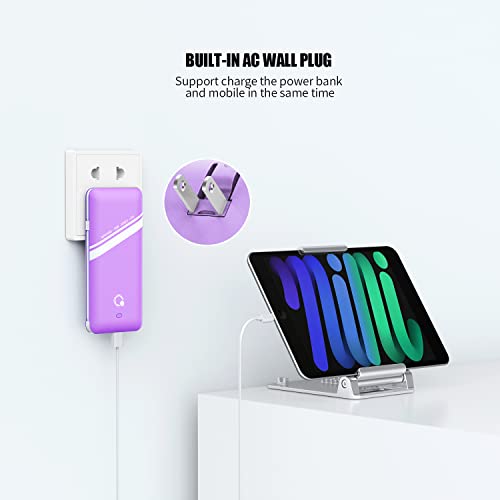 10000mAh Power Bank, Q Slim Portable Charger,4 Output External Battery Pack with Built-in AC Wall Plug Micro USB C Three Cables Compatible with Different Kinds of Mobilephone (Purple) - color: Purple