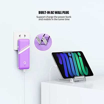 10000mAh Power Bank, Q Slim Portable Charger,4 Output External Battery Pack with Built-in AC Wall Plug Micro USB C Three Cables Compatible with Different Kinds of Mobilephone (Purple) - color: Purple