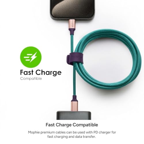 Mophie Charge Stream USB-A to USB-C 2.0 1m/3ft Cable - Premium Braided Nylon Charging Cord Compatible with iPhone 17/16/15, iPad Pro, MacBook, AirPods, Enduraflex Silicone, Teal/Purple/Pink - size: 3 feet, style: USB-A to USB-C Teal/Purple/Pink