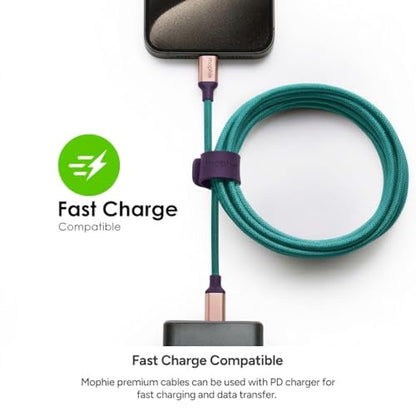Mophie Charge Stream USB-A to USB-C 2.0 1m/3ft Cable - Premium Braided Nylon Charging Cord Compatible with iPhone 17/16/15, iPad Pro, MacBook, AirPods, Enduraflex Silicone, Teal/Purple/Pink - size: 3 feet, style: USB-A to USB-C Teal/Purple/Pink