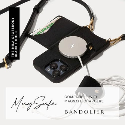 Bandolier Mila Leather Crossbody MagSafe Phone Case iPhone 15 Pro- Black/G | Crossbody leather phone case. Built-in card-holder. Adjustable & removable strap. MagSafe Design. Phone drop protection. - color: Black/Gold, size: iPhone 15 Pro