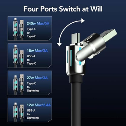 MFish 240W 4-in-1 Fast Charging Cable, Black, 10FT - color: Black, size: 10FT