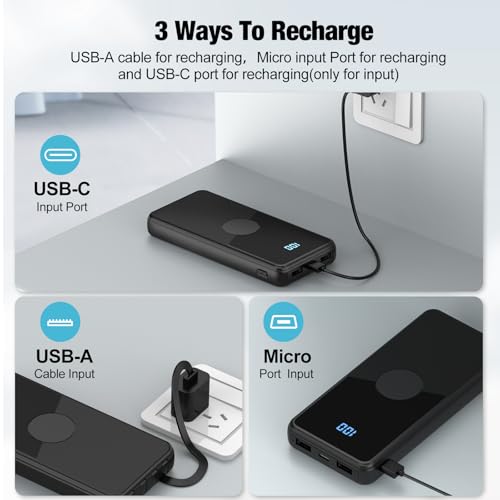 Portable Charger with Built in Cables,High Speed Power Bank 10000mAh Travel Battery Pack 5 Outputs 3 Inputs Portable Phone Charger Backup Battery for iPhone, Samsung, iPad,Tablets (Black) - color: Black