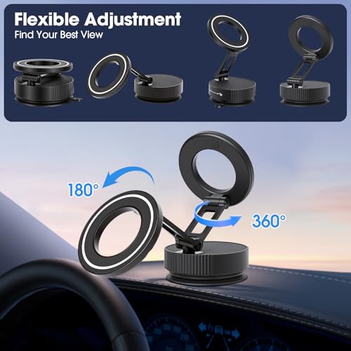 LifetimeWarranty Strong Magnetic Car Phone Holder, 360°Adjustable Car Mount w/ Vacuum Suction,Pocket Size Strong Magnetic Suction Phone Mount for Dashboard and Windshield, Compatible with iPhone 12-17