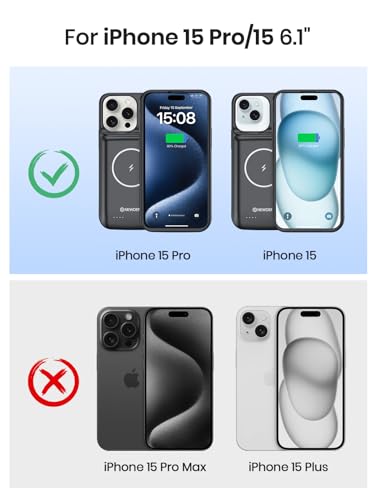 NEWDERY Battery Case for iPhone 15 Pro/iPhone 15 10000mAh, USB C Qi Wireless Charging Case, Portable Rechargeable Extended Charger Case Battery Pack - 2023 Release Black | USB-C, Magnetic Qi Wireless Charging, LED indicators, Extended Battery, Rechargeabl