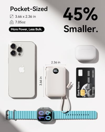 Portable Charger Power Bank 10000mAh, 45% Smaller Built-in Cables & AC Plug - color: Pearl White
