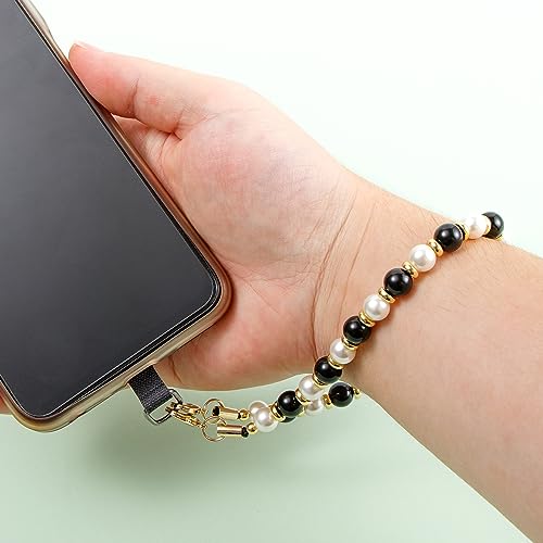 Phone Charm with Beaded Marble, Phone Chain Wrist Strap for Women Compatible with iPhone 14/13/12/11(Black&White) - color: Pearl_black&white