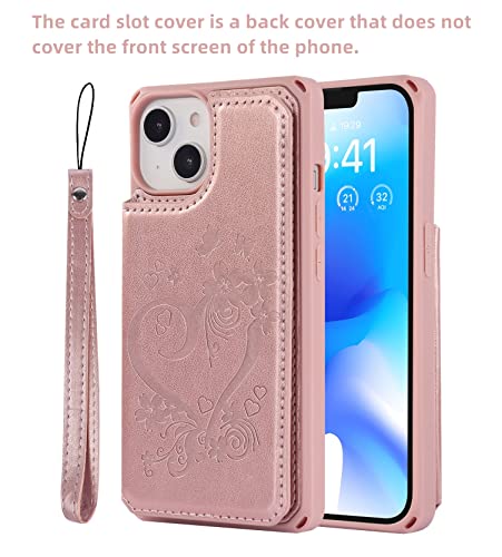 iCoverCase Compatible with iPhone 14 Wallet Phone Case with Card Holder for Women, RFID Blocking Embossed PU Leather Wrist Strap Case 6.1 Inch (Heart Rose Gold) - color: H-Rose Gold