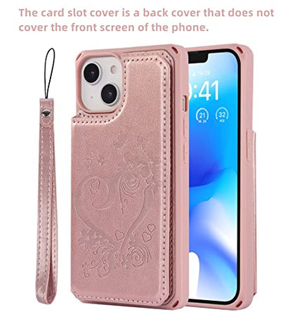 iCoverCase Compatible with iPhone 14 Wallet Phone Case with Card Holder for Women, RFID Blocking Embossed PU Leather Wrist Strap Case 6.1 Inch (Heart Rose Gold) - color: H-Rose Gold