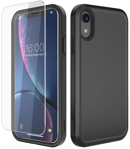 Diverbox for iPhone XR Case [Tempered Glass Screen Protector] [Shockproof] [Dropproof] Heavy Duty Protection Phone Case Cover for Apple iPhone XR (Black) - color: Black-2in1
