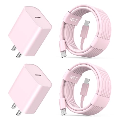 iPhone11 12 13 14 Fast Charger,2Pack 20W iPhone Charger Fast Charging Block Adapter with 10FT USB-C to Lightning Data Sync Charging Cord for iPhone 14 13 12 11 Pro Max Xs Xr X 8 - color: pink
