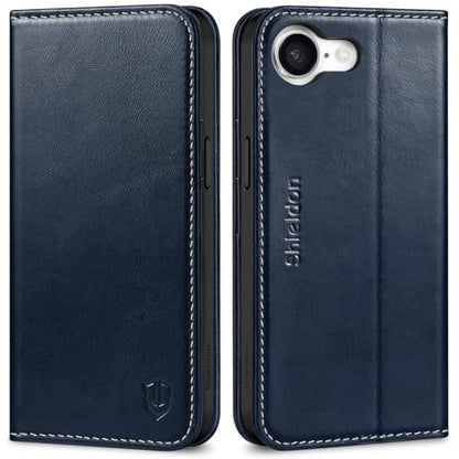 SHIELDON Real Leather Case Wallet for iPhone 17e/16e 6.1", Retro Dark Blue | Magnetic Closure, RFID Blocking, Credit Card Slot, Kickstand, Flip Book Design, Soft Shockproof Phone Cover - color: Retro Dark Blue
