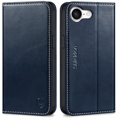 SHIELDON Real Leather Case Wallet for iPhone 17e/16e 6.1", Retro Dark Blue | Magnetic Closure, RFID Blocking, Credit Card Slot, Kickstand, Flip Book Design, Soft Shockproof Phone Cover - color: Retro Dark Blue