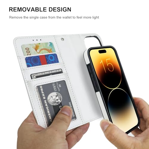 Bocasal Detachable Wallet Case Card Holder for iPhone 15 Pro, White | RFID Blocking Kickstand Card Slots Holder PU Leather Magnetic Shockproof Wrist Strap Removable Flip Protective Cover 6.1 inch - color: White