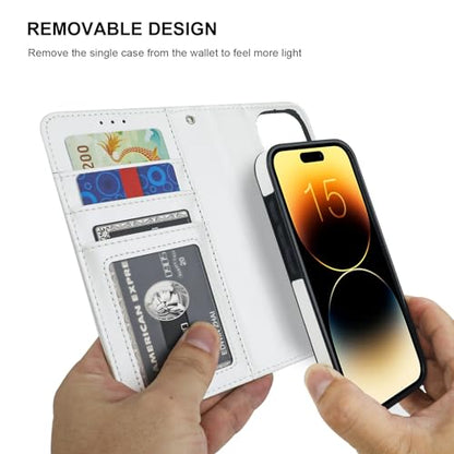 Bocasal Detachable Wallet Case Card Holder for iPhone 15 Pro, White | RFID Blocking Kickstand Card Slots Holder PU Leather Magnetic Shockproof Wrist Strap Removable Flip Protective Cover 6.1 inch - color: White