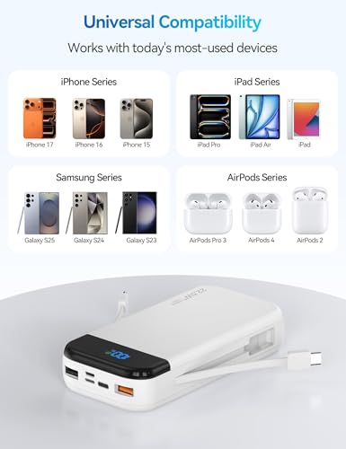 Phone Battery Bank 32000mAh 22.5W w/Built-in Cables & USB C Fast Charging - color: White