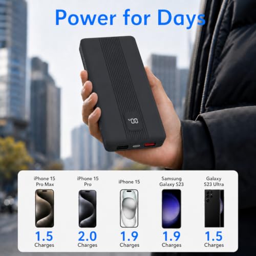 10000mAh Portable Charger with 4 Built-in Cables, 22.5W Fast Charging Power Bank, LED Display, Slim Travel Battery Pack for iPhone 17/16/15/14, Samsung Galaxy, iPad & More - color: Black