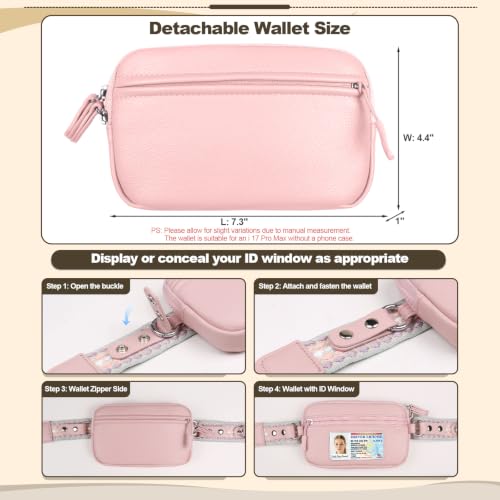 YFWE Clip and Go Phone Strap with Crossbody Wallet, Adjustable Phone Lanyard with Detachable RFID Wristlet Wallet, Anti-Theft Leather Purse with ID Window for Travel Essentials (Pink) - color: Pink