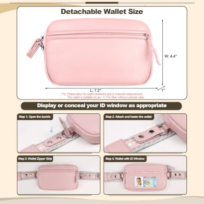YFWE Clip and Go Phone Strap with Crossbody Wallet, Adjustable Phone Lanyard with Detachable RFID Wristlet Wallet, Anti-Theft Leather Purse with ID Window for Travel Essentials (Pink) - color: Pink