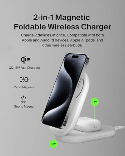 Belkin Qi2 15W Magnetic Wireless Charger, 2 in 1 Foldable, Non-Slip - color: White