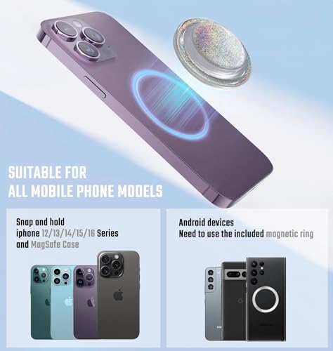 Magnetic Phone Grip, Foldable Magnet Stand & Universal Kickstand for Magsafe Smartphones, Tablet, Detachable Magnetic Grip, Sparkly Transparent Sliver Glitter