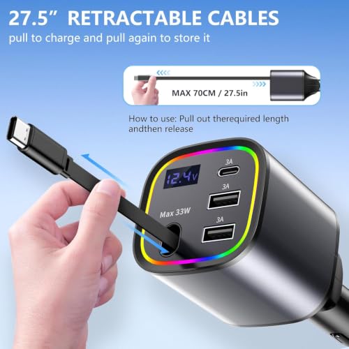 Retractable Car Charger USB C 78W & 85.5W 4 in 1 Fast Car Charger - color: Dark gray