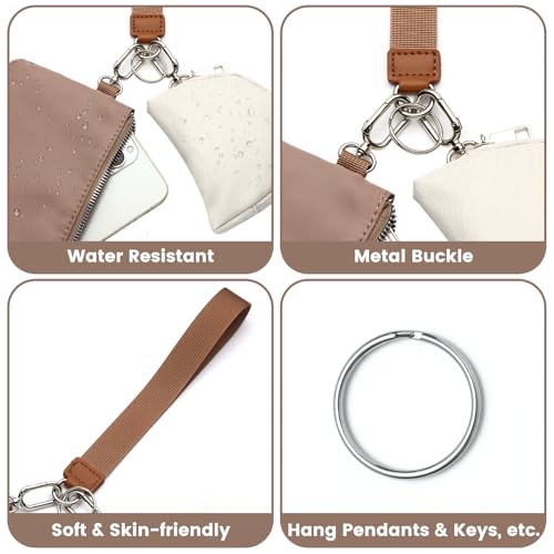 Mini Zip Around Wristlet Wallet, Dual Pouch Keychain Coin Purse for Women | Phone wallet design, detachable pouches, waterproof nylon, zipper closure, card holder, travel and daily essentials organizer - color: Khaki+Brown
