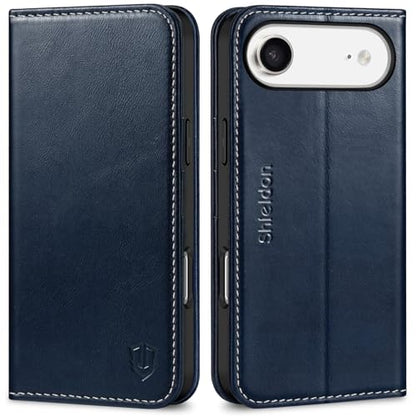 SHIELDON Genuine Leather Case Wallet for iPhone Air 6.5", Retro Dark Blue | Magnetic Closure, RFID Blocking, Credit Card Holder, Kickstand, Folio Design, Soft TPU Shockproof Phone Cover - color: Retro Dark Blue