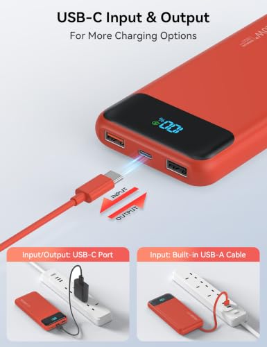Nusyddy Portable Charger 10000mAh with 4 Built-in Cables & 6 Outputs Red - color: Red