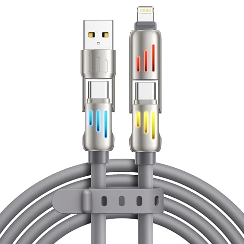 RAVIAD 240W 4 in 1 Charging Cable 4FT, Chubby USB A/C to C/L Multi Charger Cable with RGB LED Light Compatible with iPhone 16 15 14 Pro Max/Plus/Samsung USB C to C Multi Charging Cable for All Devices