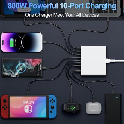 800W USB C Charger Block,10-Port GaN Charging Station - color: White