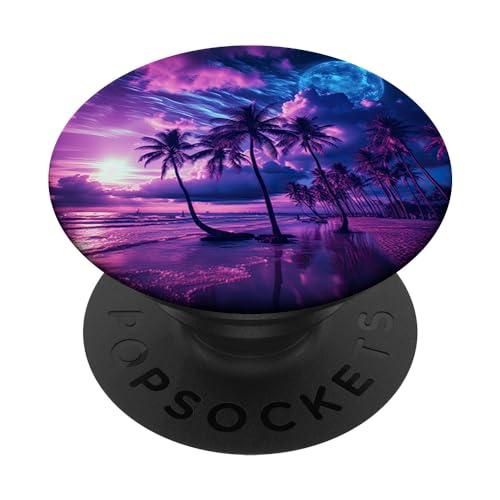 Palm Tree on the Beach at Sunset tropical purple PopSockets Adhesive PopGrip - style: Adhesive PopGrip