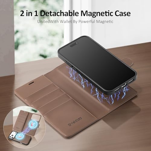 Shieldtop Compatible with MagSafe iPhone 17 Pro Wallet Case,Coffee | 2 in 1 Detachable Magnetic,Credit Card Holder Slots,RFID Blocking,PU Leather,Kickstand,Flip Folio Phone Cover for Men & Women - color: Coffee, size: iPhone 17 Pro - 6.3"