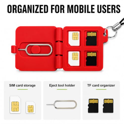 Portable SIM Card Eject Tool Storage Small Box Detachable Lanyard (Red) - color: Red