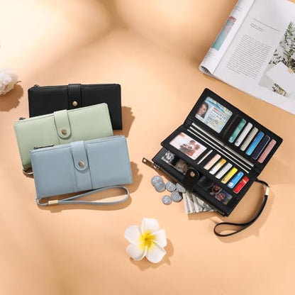 GAEKEAO Wallets for Women Leather RFID Blocking Large Capacity Card Case Ladies Wristlet Clutch Wallets Zipper Pocket with 4 ID Windows 20 Card Slots - color: Black