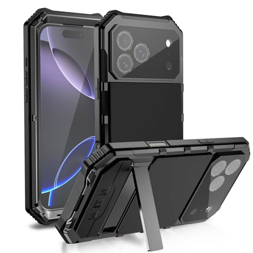 Simicoo Military Metal Heavy Duty Case Compatible with iPhone 17 Pro Max, Drop Protection Rugged Defender Metal Bumper Screw Case with Stand Gorilla Glass Camera Cover Full Body Dustproof Black - color: Black, size: iPhone 17 Pro Max
