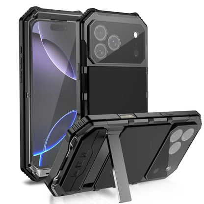 Simicoo Military Metal Heavy Duty Case Compatible with iPhone 17 Pro Max, Drop Protection Rugged Defender Metal Bumper Screw Case with Stand Gorilla Glass Camera Cover Full Body Dustproof Black - color: Black, size: iPhone 17 Pro Max