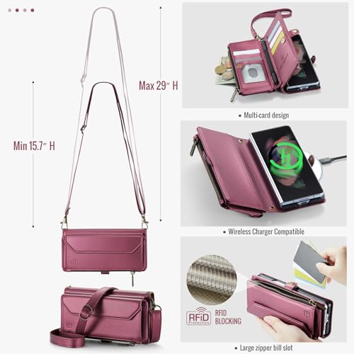 Strapurs Crossbody Wallet Case Compatible with Samsung Galaxy Z Fold 3 with RFID Blocking Card Holder & Pen Holder Slot Soft PU Leather Shoulder Strap Zipper Pocket Purse Fold 3 Phone Case, Wine Red | RFID Blocking 5-Card Holder, Shoulder Lanyard, Wirst S