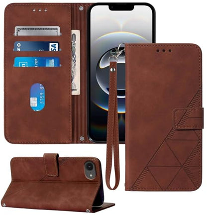 Flip Wallet Case for iPhone 17e/16e, Wrist Strap, Brown | Embossed PU Leather, Detachable Wrist Strap, Card Slots, TPU Inner, Cash Pocket, Magnetic Closure, Stand, Precise Cutouts - color: Brown