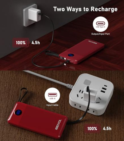 Portable Charger Built in 4 Cables, 10000mAh Power Bank, Red - color: Red