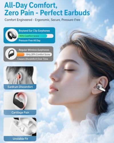 Boytond Ultra Open Ear Earbuds, Comfort Clip On Earbuds, Wireless Bone Conduction Headphones with Bluetooth 5.3, Fast Charging Fast Charging for Running, Sports, and Travel, Mirror Black