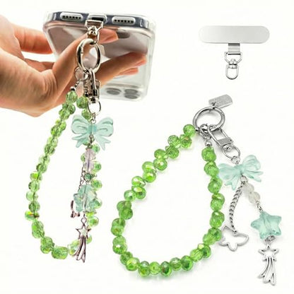 Crystal Beaded Phone Wrist Strap, Cute Cellphone Lanyard Chain, Bow Keychain Wristlet Bag Charms for Women - color: Green